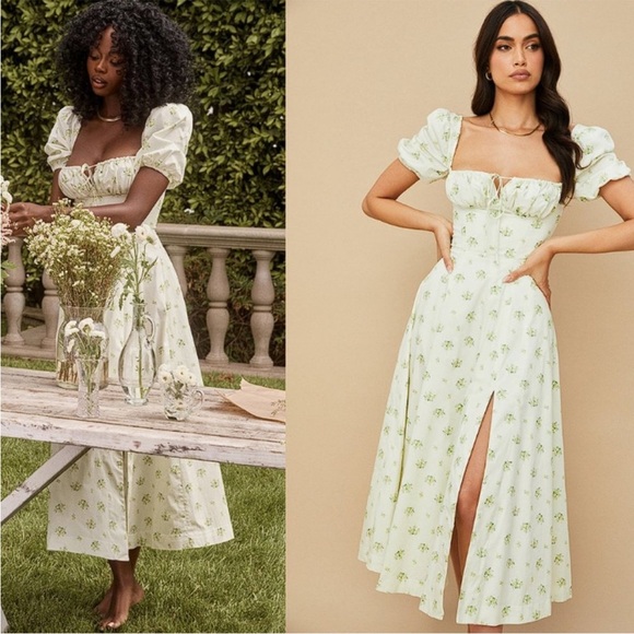 NWT HOUSE OF CB 'Tallulah' Ivory Floral Puff Sleeve Midi Dress Size L+ - Picture 1 of 11